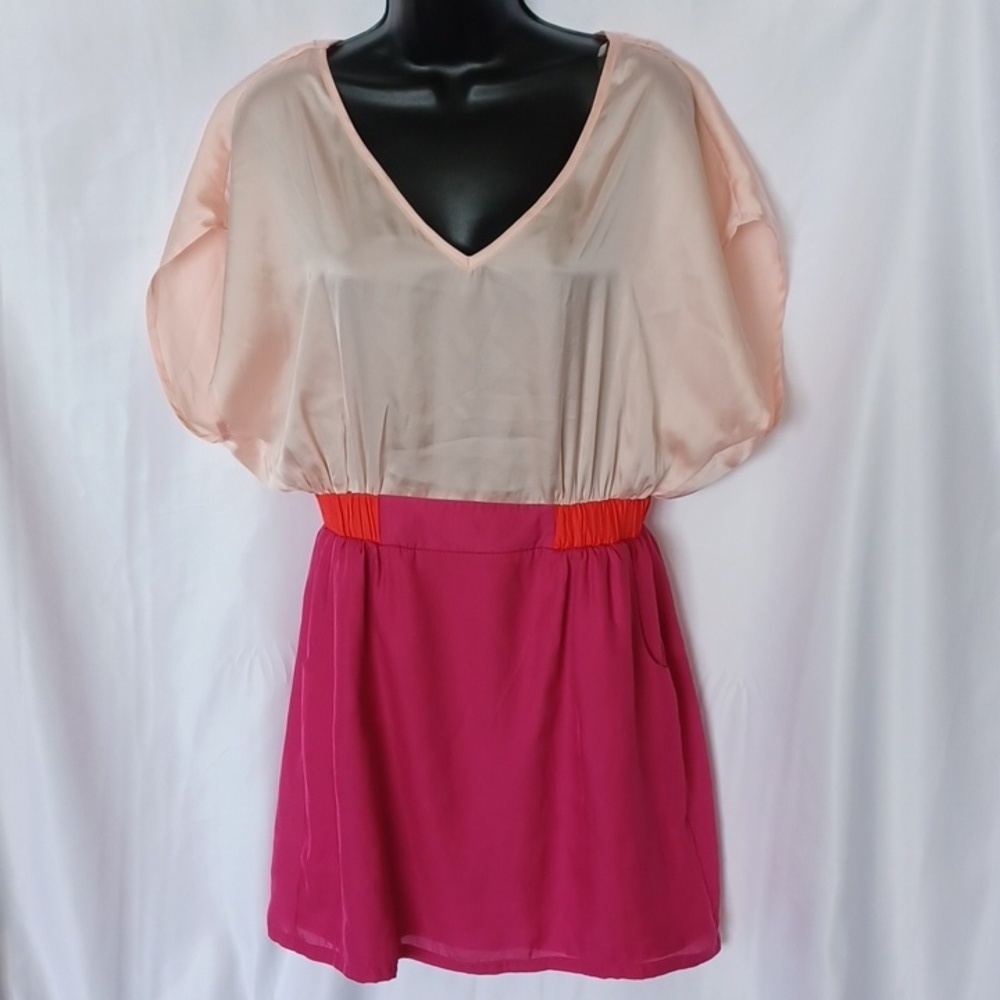 Paisley & Ivy Short Sleeve Mini Dress with V-Neck Back Cutout- Pink, lined skirt